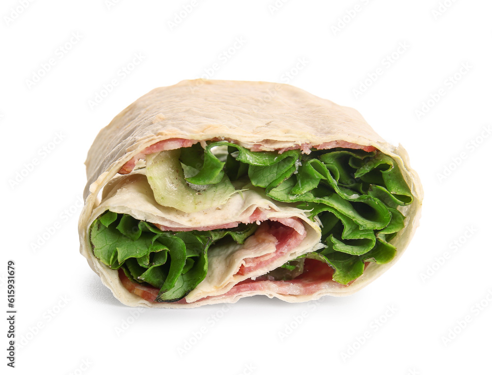 Tasty lavash roll with sausages and greens isolated on white background