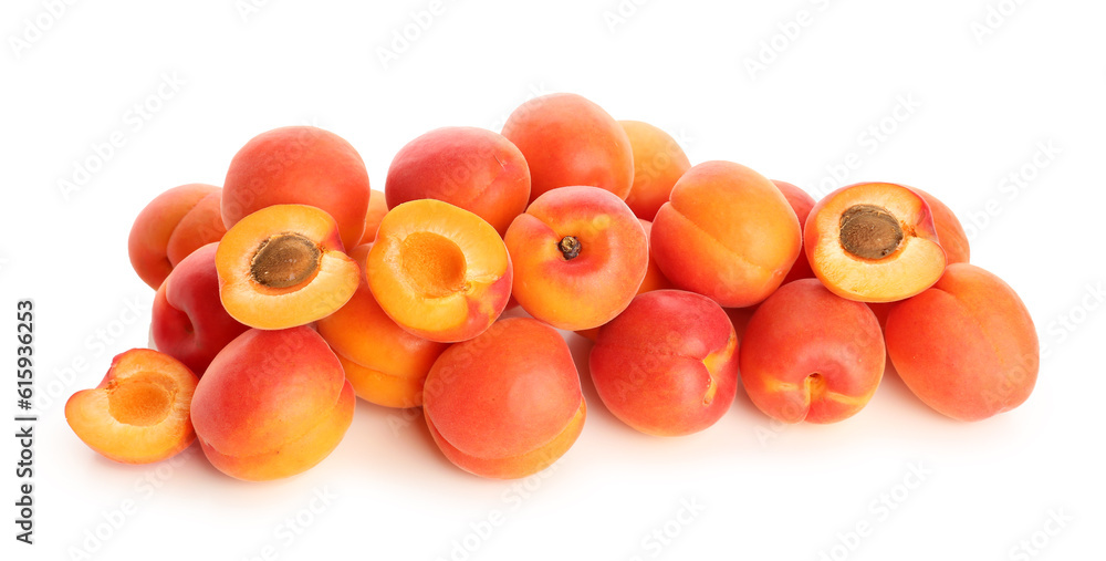 Heap of ripe apricots isolated on white background