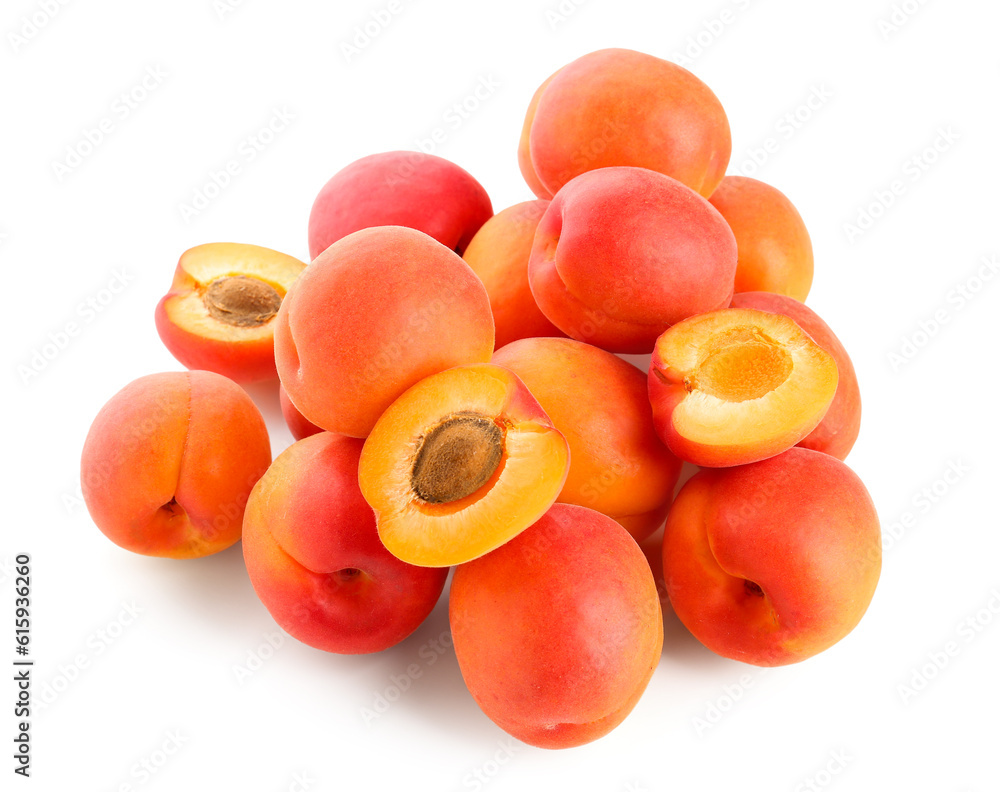 Heap of ripe apricots isolated on white background