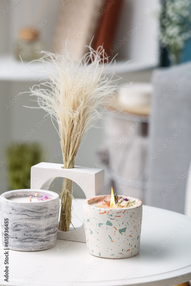 Pampas grass and candles on table in living room, closeup