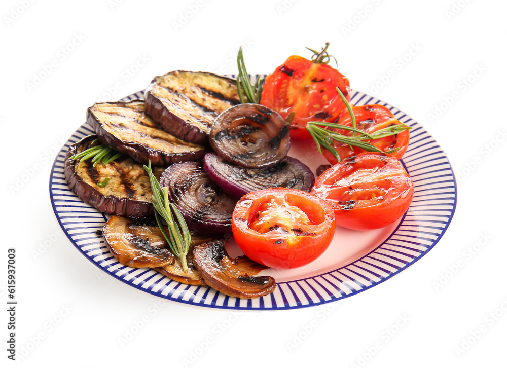 Plate with different tasty grilled vegetables on white background