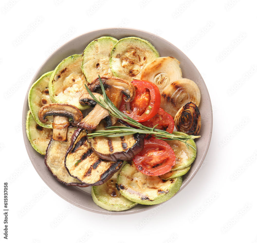 Plate with different tasty grilled vegetables on white background