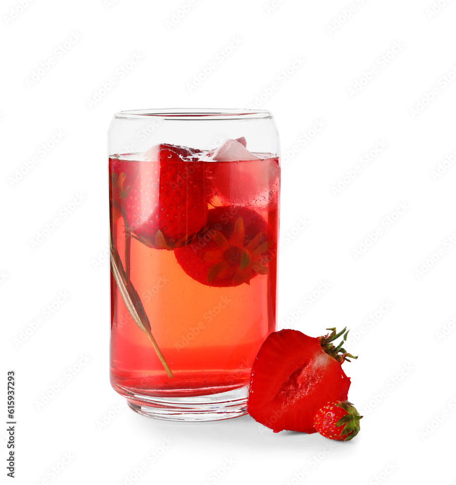 Glass of infused water with strawberry and rosemary on white background