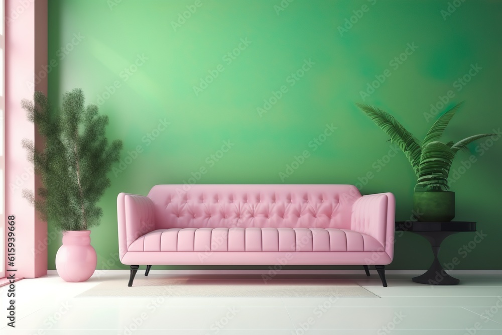 Modern interior design with green sofa and empty