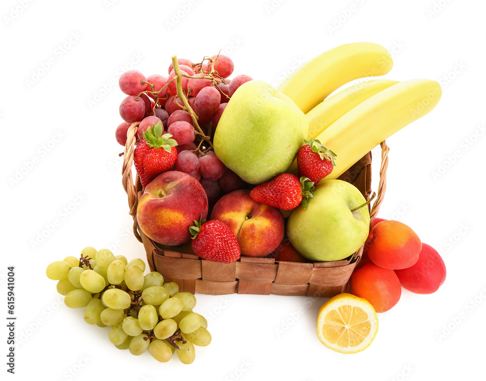 Wicker basket with different fresh fruits on white background