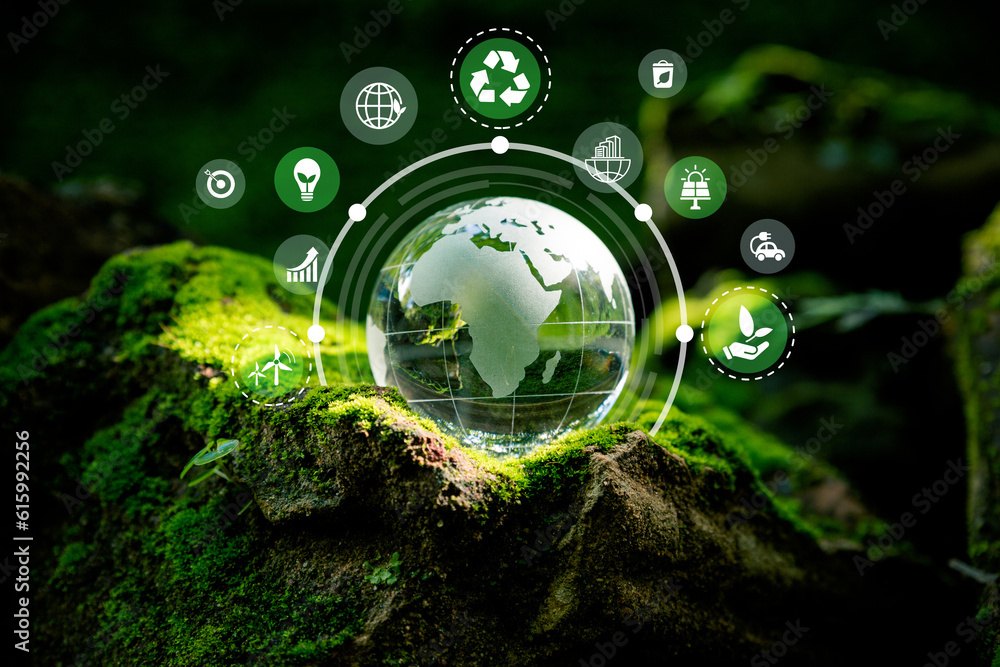 World sustainable environment concept. Crystal globe putting on moss with environment Icons.