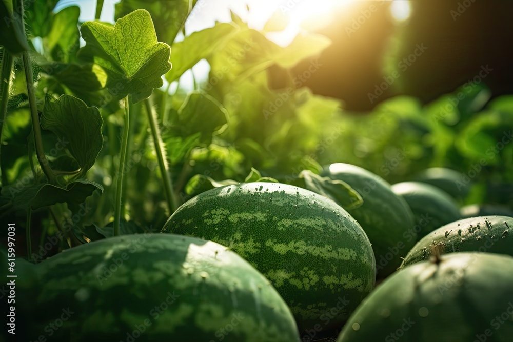 Watermelon with leaves and sunlight in the agriculture farm waiting for harvest in greenhouse. Gener