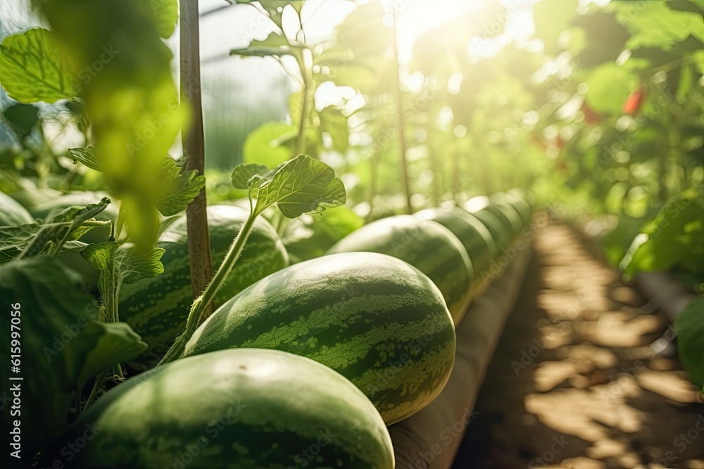 Watermelon with leaves and sunlight in the agriculture farm waiting for harvest in greenhouse. Gener