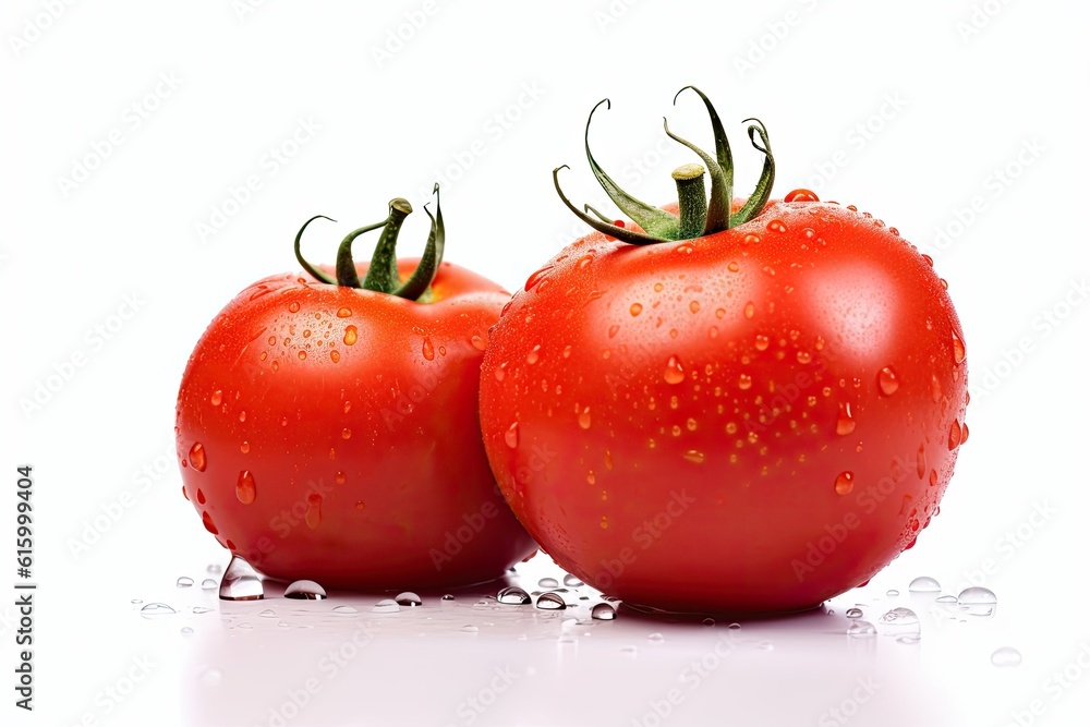 Fresh tomatos with water droplets isolated on white background. Generative Ai