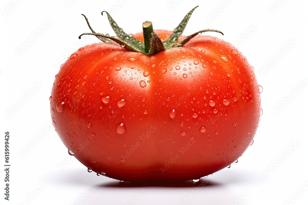 Fresh tomato with water droplets isolated on white background. Generative Ai