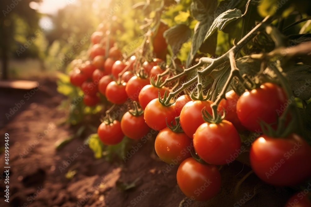 Agriculture of tomatos, Growing Red tomatos with water droplets in field. Generative Ai