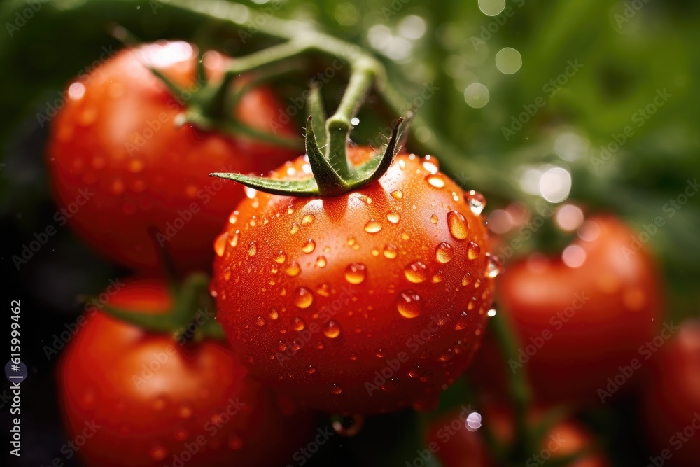 Agriculture of tomatos, Growing Red tomatos with water droplets in field. Generative Ai