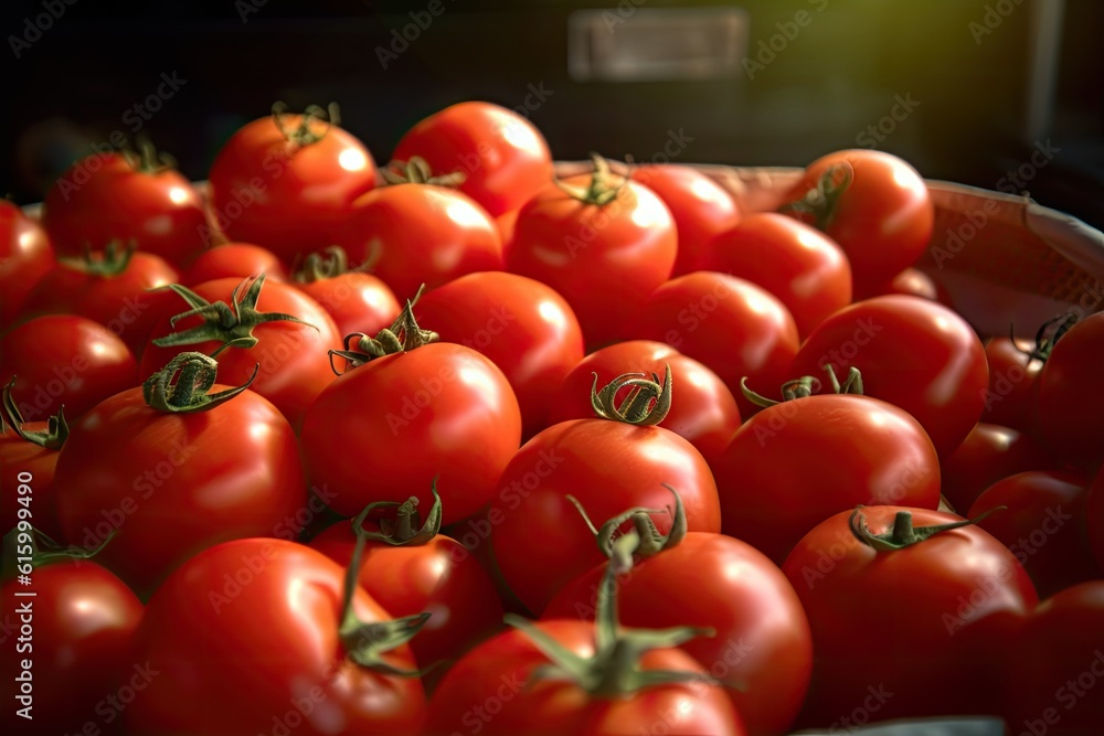 Tomatoes, Organic red tomatoes in market. Generative Ai