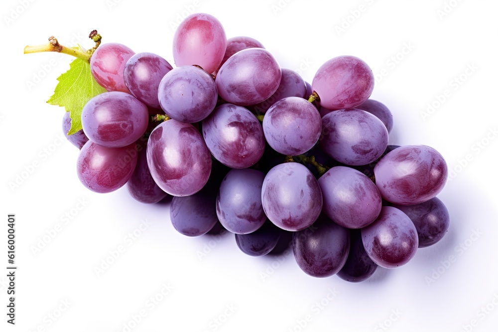 Fresh grapes with leaves isolated on white background. Generative Ai