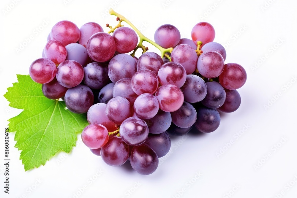 Fresh grapes with leaves isolated on white background. Generative Ai