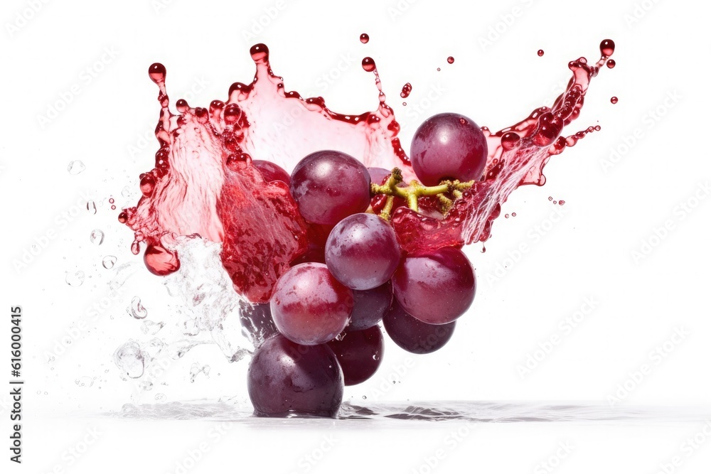 Grapes and juice splash isolated on white background. Generative Ai