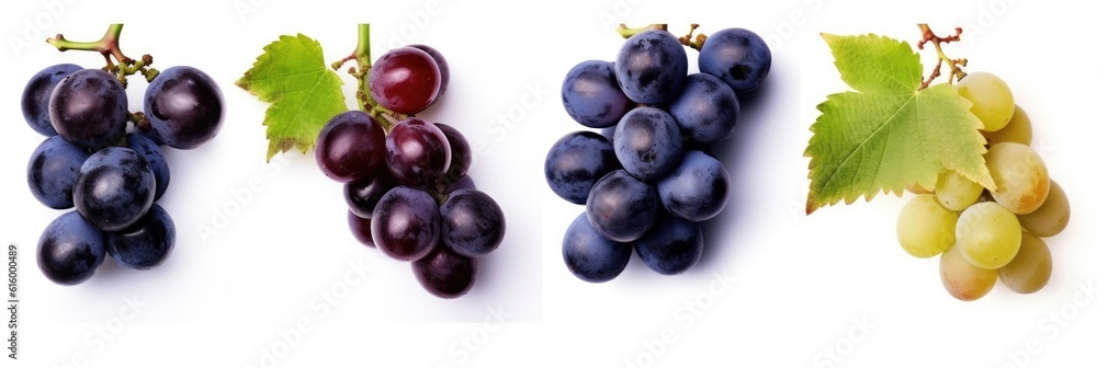 Set of Ripe grapes with leaves isolated on white background.  Generative Ai