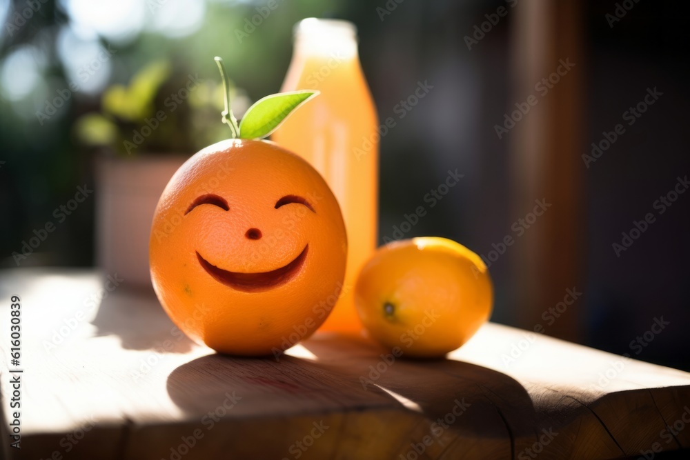 orange on a wooden table, Citrus Delight: A Captivating Close-Up of Smiling Orange and Freshly Squee