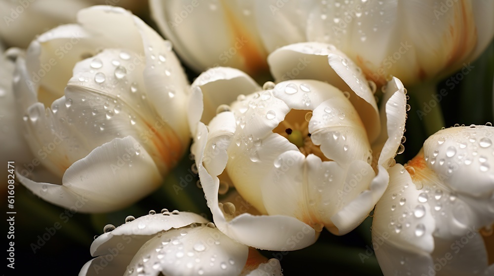 White Tulips flowers with water drops background. Closeup of blossom with glistening droplets. Gener