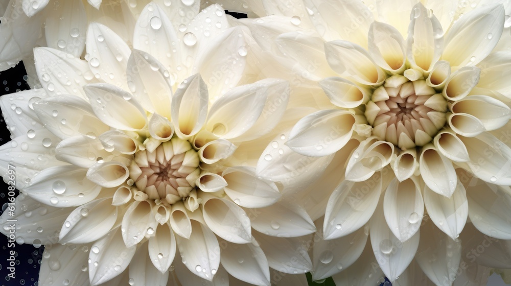 White Dahlia flowers with water drops background. Closeup of delicate blossom with glistening drople