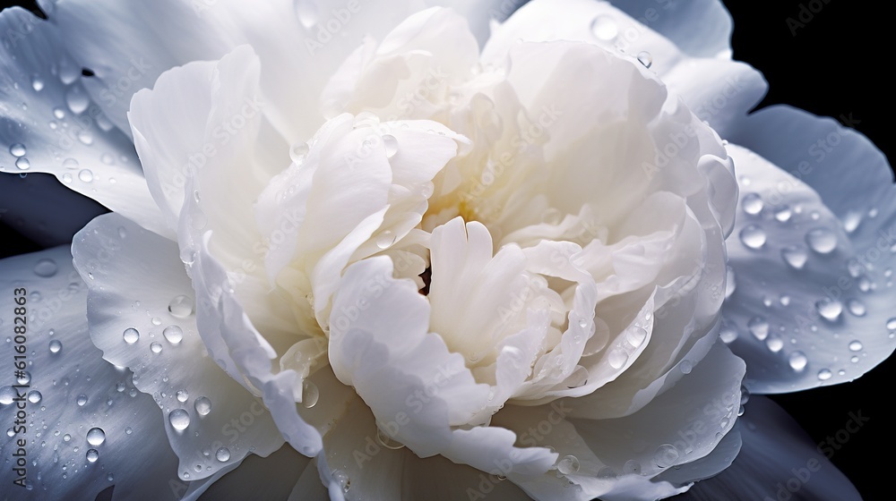 White Peony flowers with water drops background. Closeup of blossom with glistening droplets. Genera