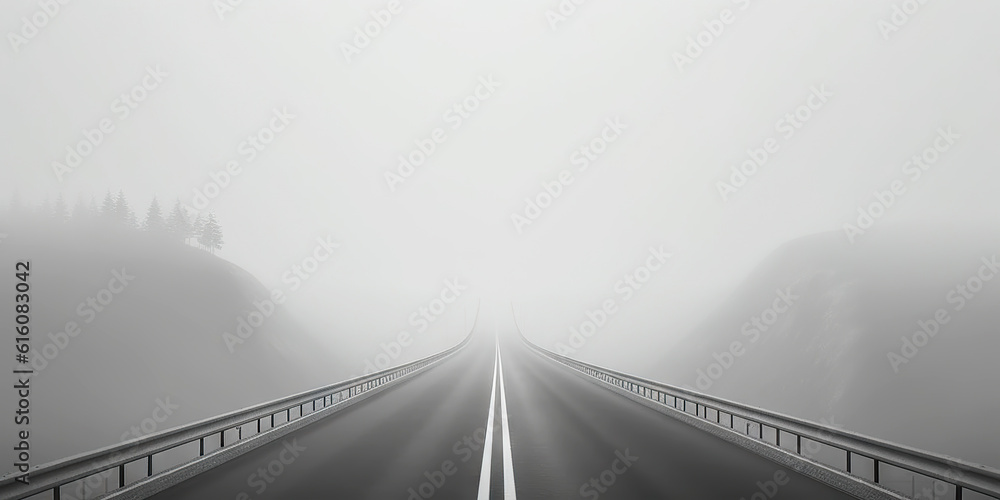 Minimalistic misty empty highway. Foggy road. Mystery travel concept. Generative AI