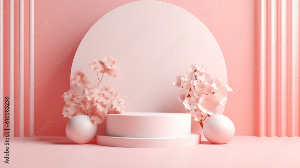 Podium with pink roses on pastel pink background to display products, gift or cosmetics. Generative 