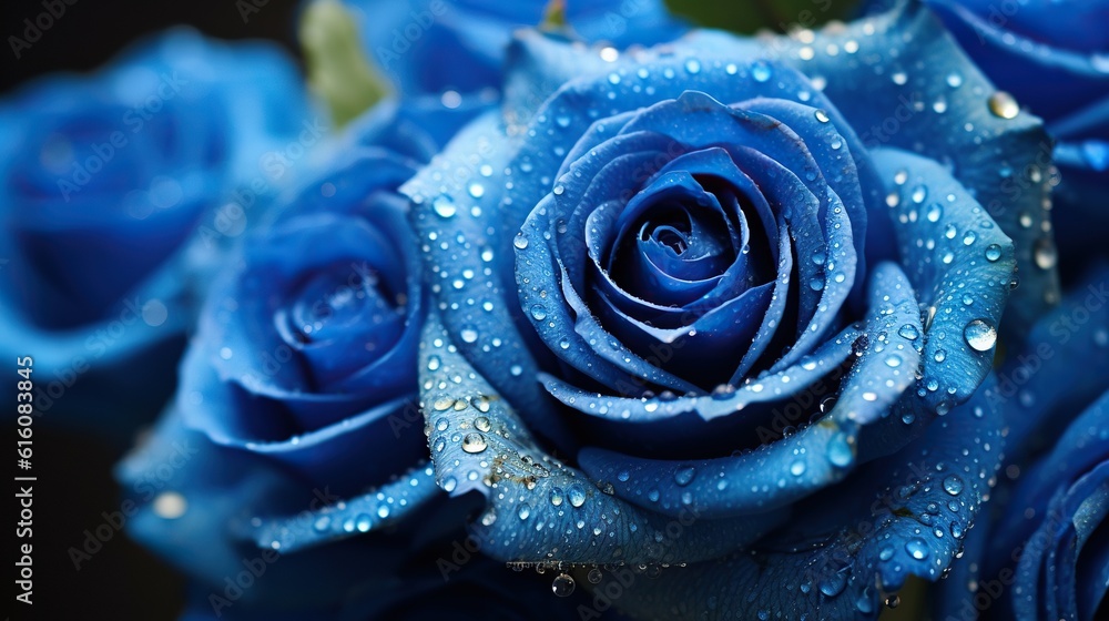 Blue Roses flowers with water drops background. Closeup of blossom with glistening droplets. Generat