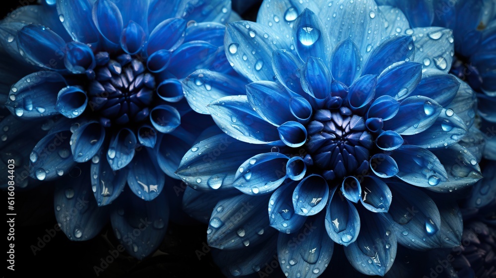 Blue Dahlia flowers with water drops background. Closeup of delicate blossom with glistening droplet