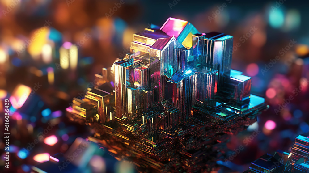 Amazing bright and shiny Bismuth crystal cluster background. Jewel mineral detailed macro. Generativ