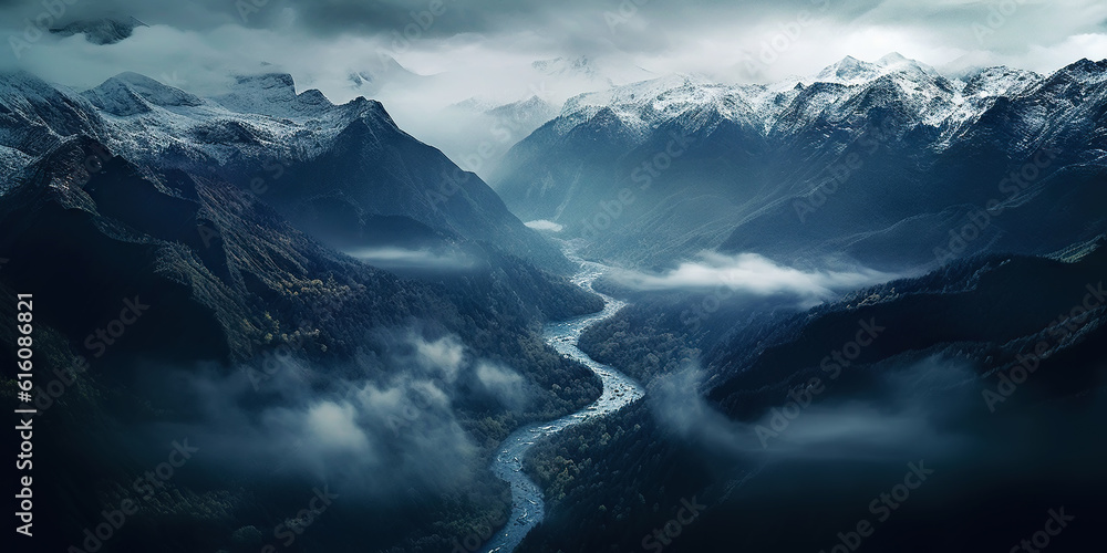 Dramatic snow-capped mountains landscape. Clouds and fog covers stone slopes. Generative AI