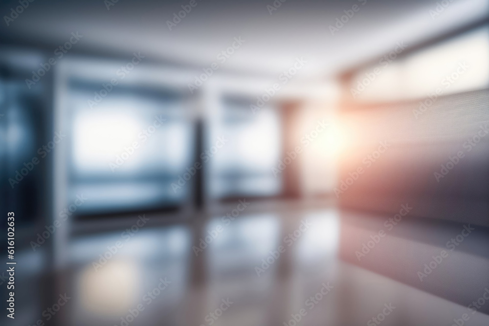 Beautiful blurred background of a light modern office hall with panoramic windows and beautiful ligh