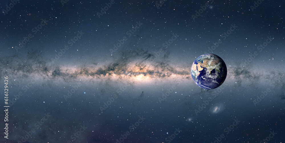 Planet Earth in front of the Milky Way galaxy  Elements of this image furnished by NASA  