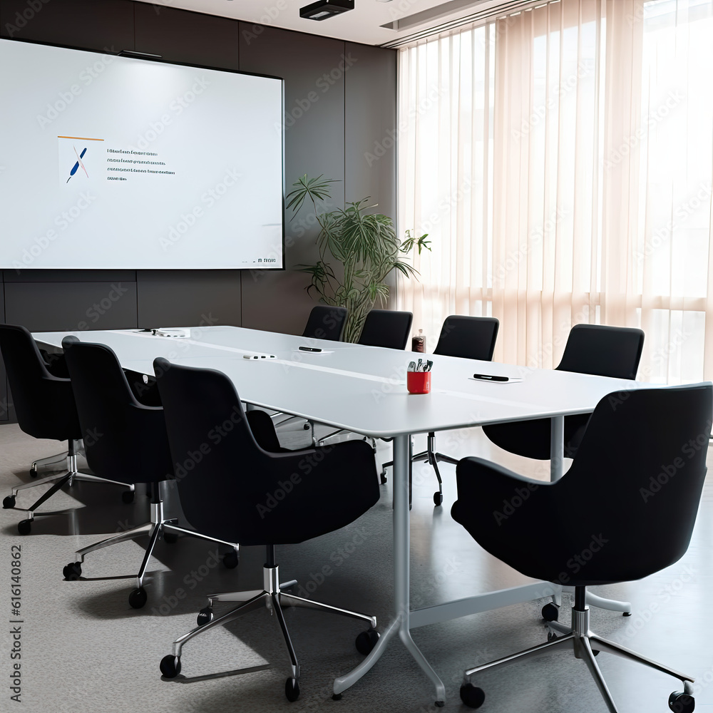 Modern black and white minimalist conference room scene