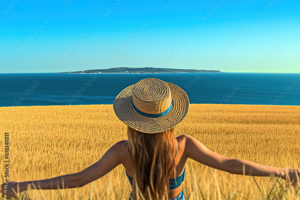 A girl wearing a skirt stands in the wheat field to enjoy the natural scenery