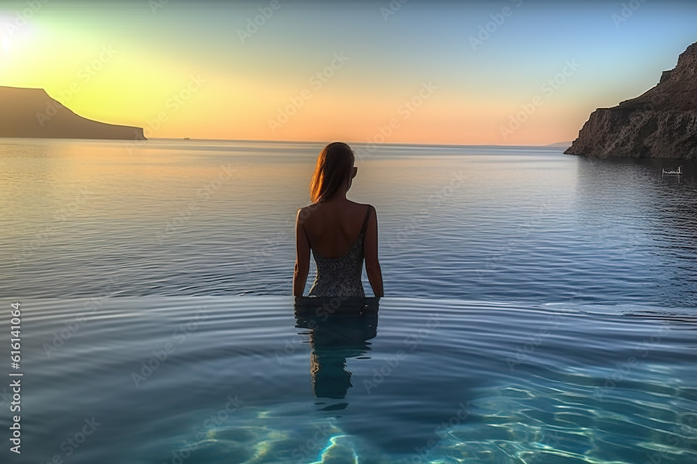 In the background of the sunset at dusk; a girl admires the scenery in the high -end hotel pool