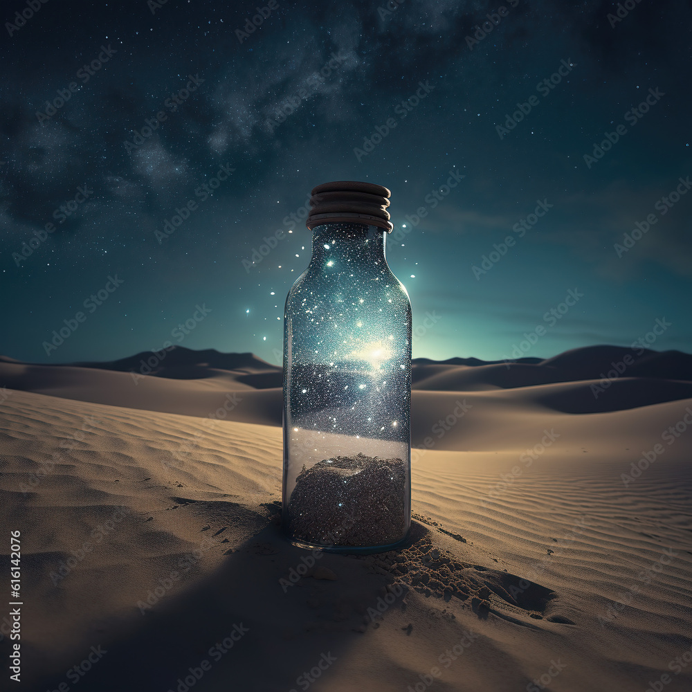 A bottle equipped with fireflies in the desert