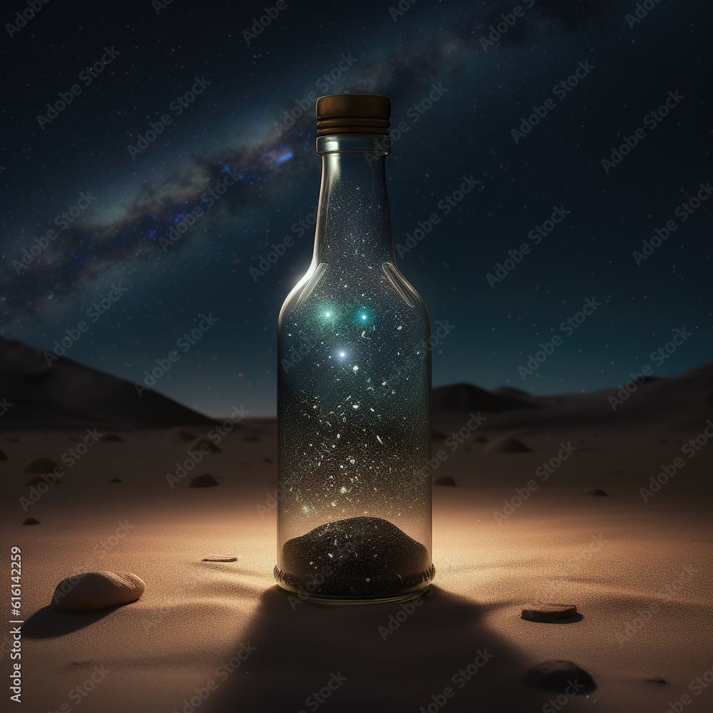 A bottle equipped with fireflies in the desert