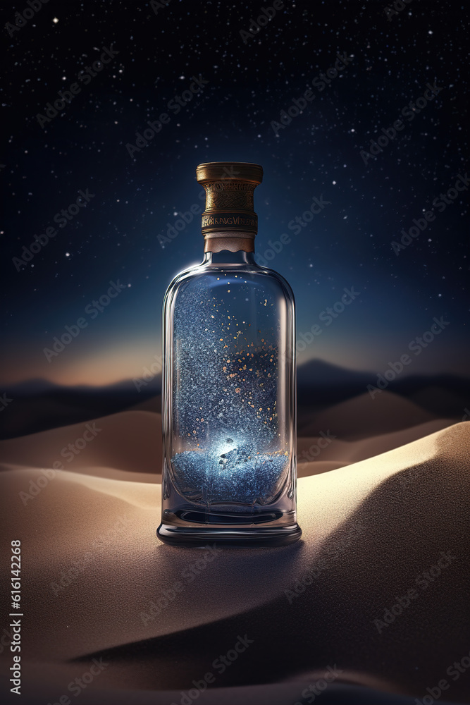 A bottle equipped with fireflies in the desert