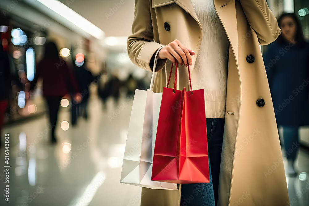 The blurred background of the shopping mall and a white shopping bag wearing a trench coat girl