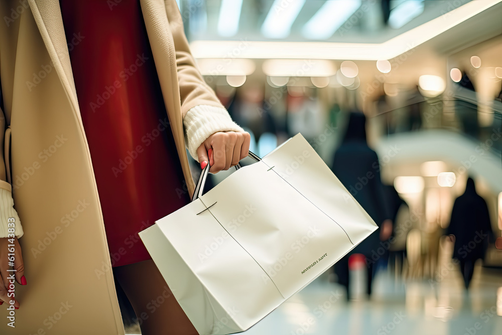 The blurred background of the shopping mall and a white shopping bag wearing a trench coat girl