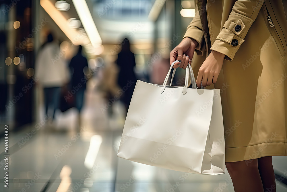 The blurred background of the shopping mall and a white shopping bag wearing a trench coat girl