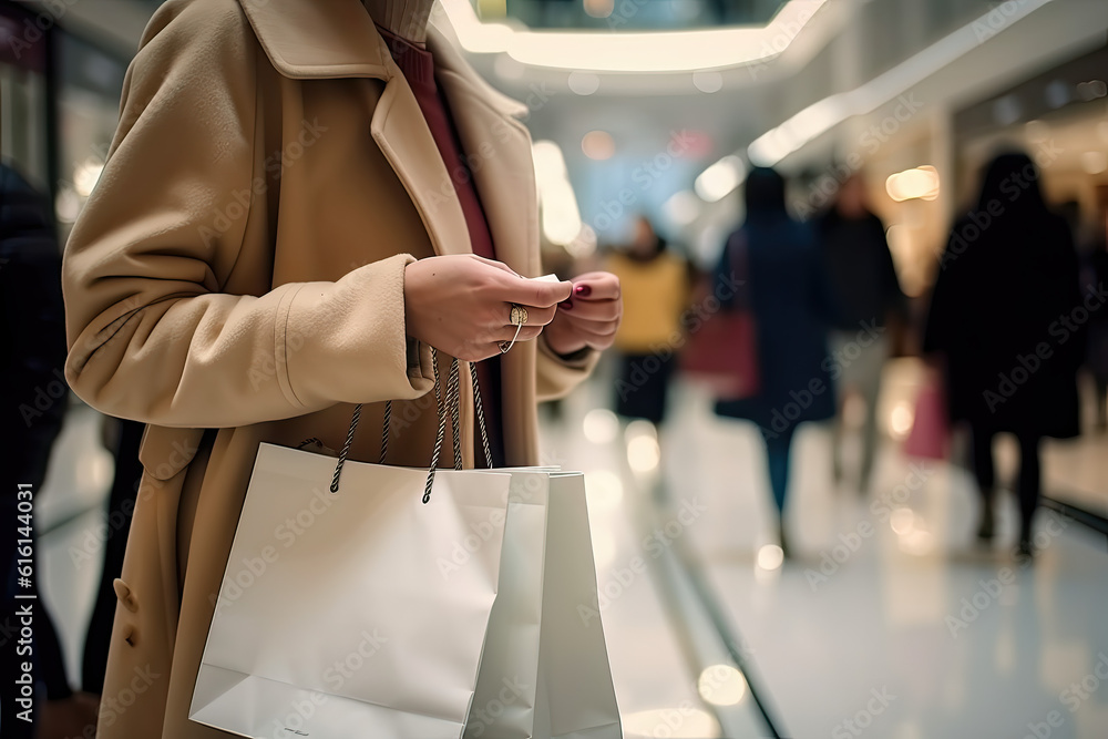 The blurred background of the shopping mall and a white shopping bag wearing a trench coat girl