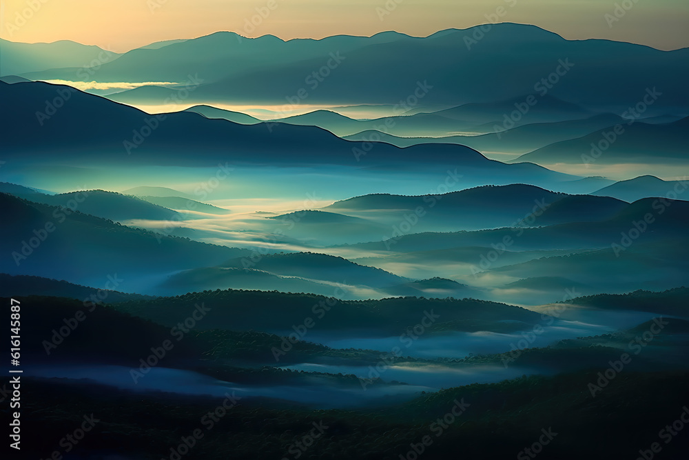 The fog and natural scenery of the outdoor mountain peaks under the sunset