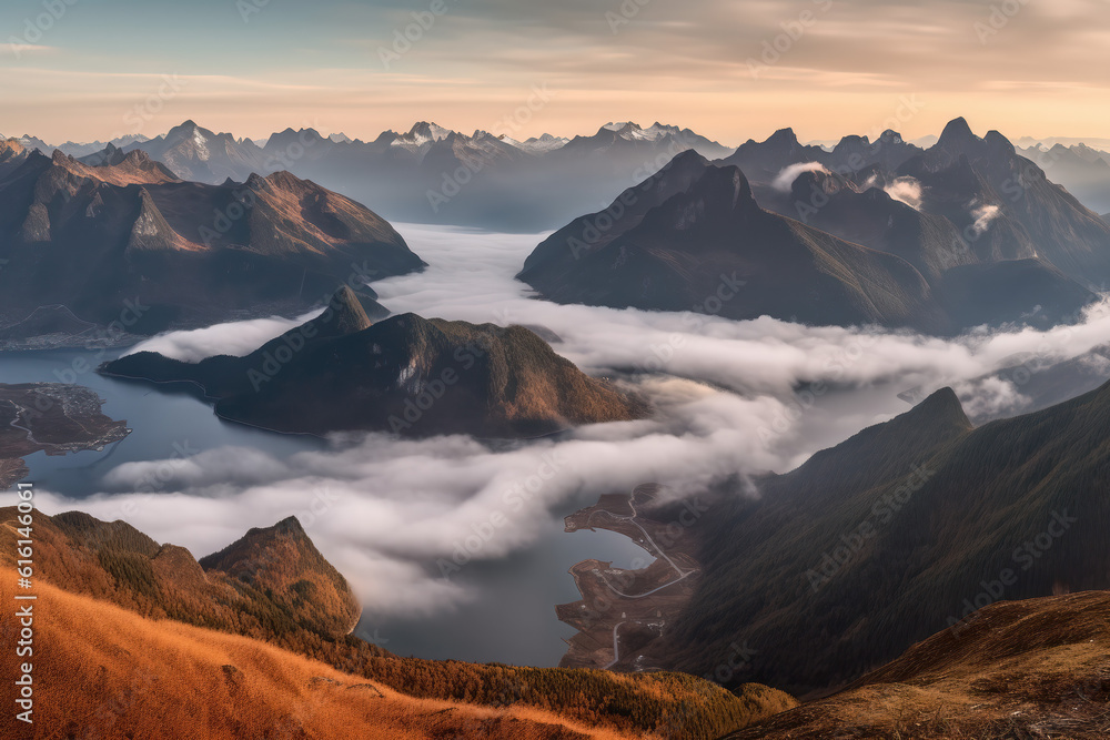 The fog and natural scenery of the outdoor mountain peaks under the sunset