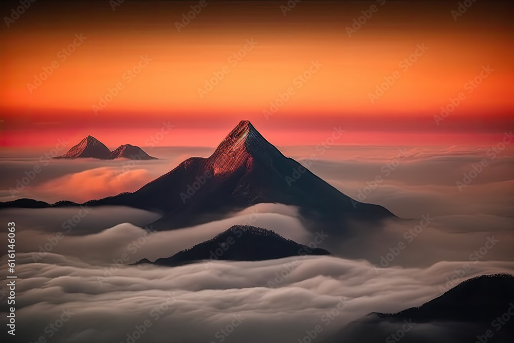 The fog and natural scenery of the outdoor mountain peaks under the sunset