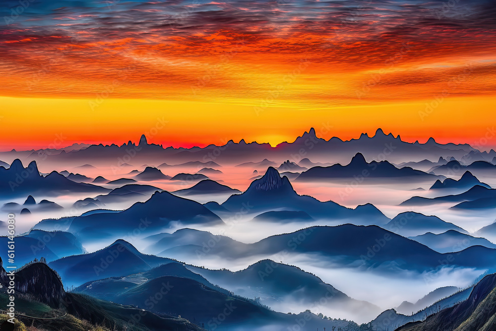 The fog and natural scenery of the outdoor mountain peaks under the sunset