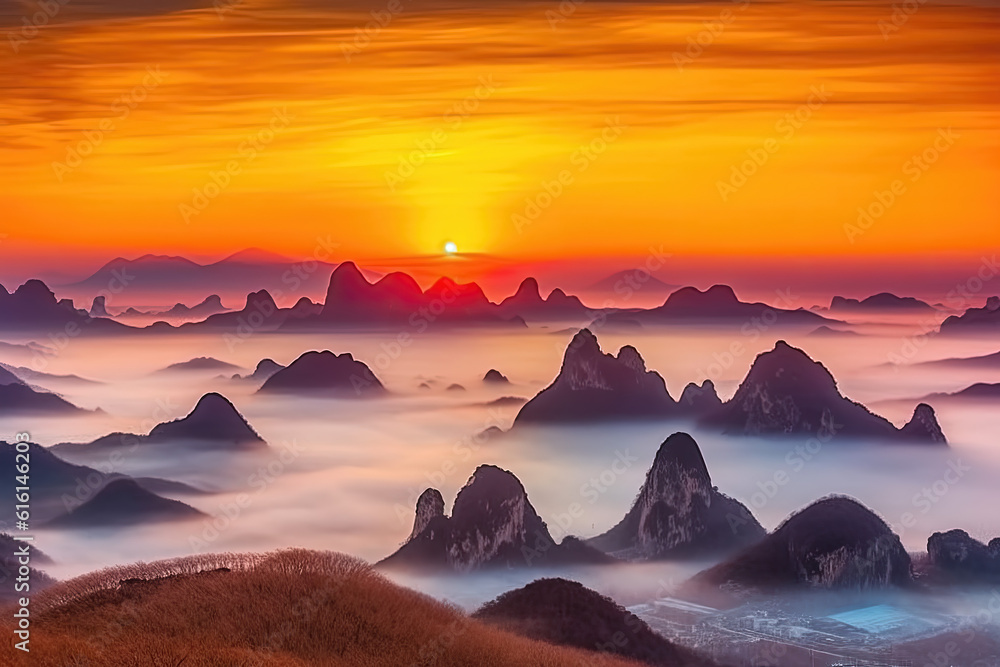 The fog and natural scenery of the outdoor mountain peaks under the sunset