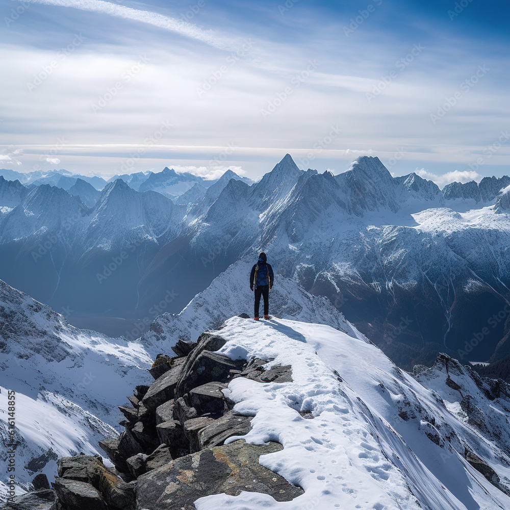 The man travels on the snowy mountain, backpack outdoor activity is in extreme movements of a health