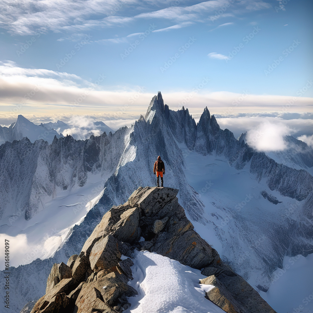 The man travels on the snowy mountain, backpack outdoor activity is in extreme movements of a health